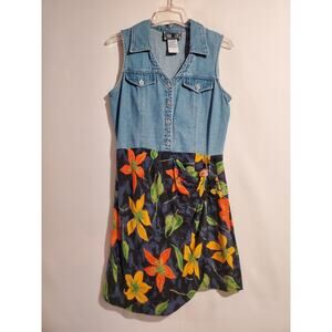 Vtg True Blue Wrap Skort Floral Denim Button Romper Size 9/10 90s Sleeveless